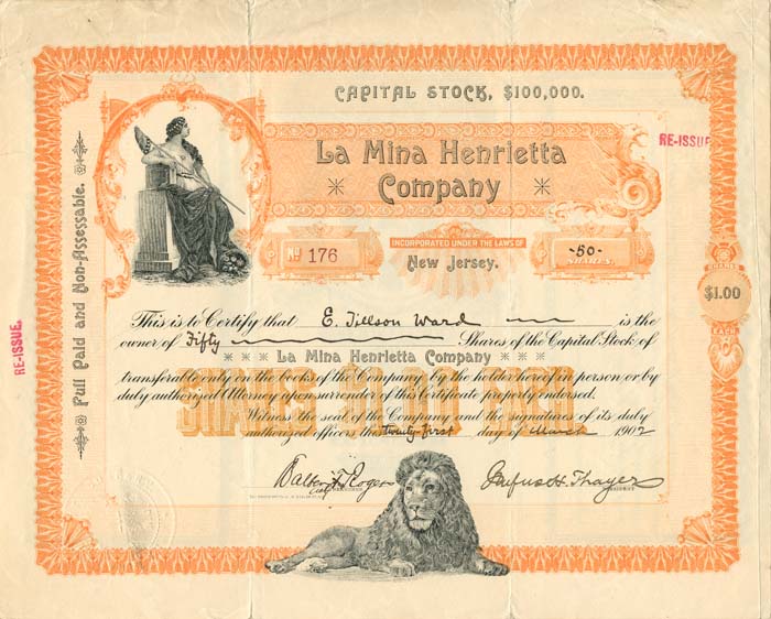 La Mina Henrietta Co. - 1902 dated Mining Stock Certificate - Likely Mexico - Beautiful Lion Vignette at Bottom Middle